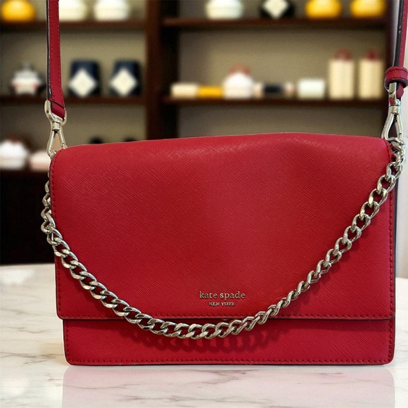 KATE SPADE CROSSBODY RED BAG W/ADJUSTABLE STRAPS & GOLD CHAIN - Picture 2 of 16